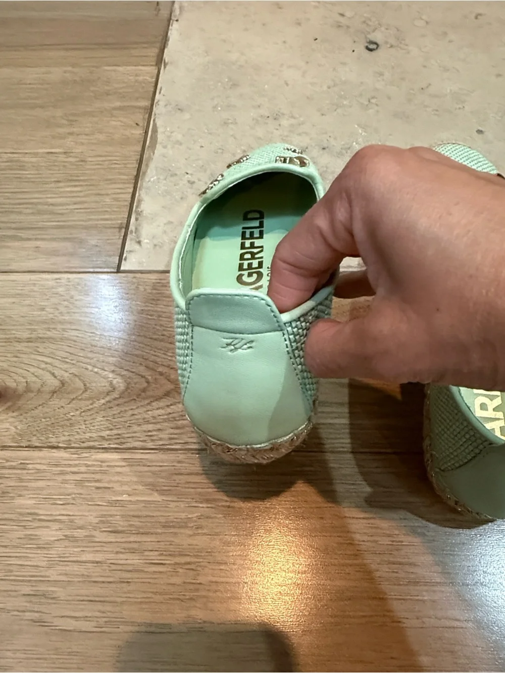 Karl Lagerfeld Mint Espadrille Slip-On Flats with Gold Accents